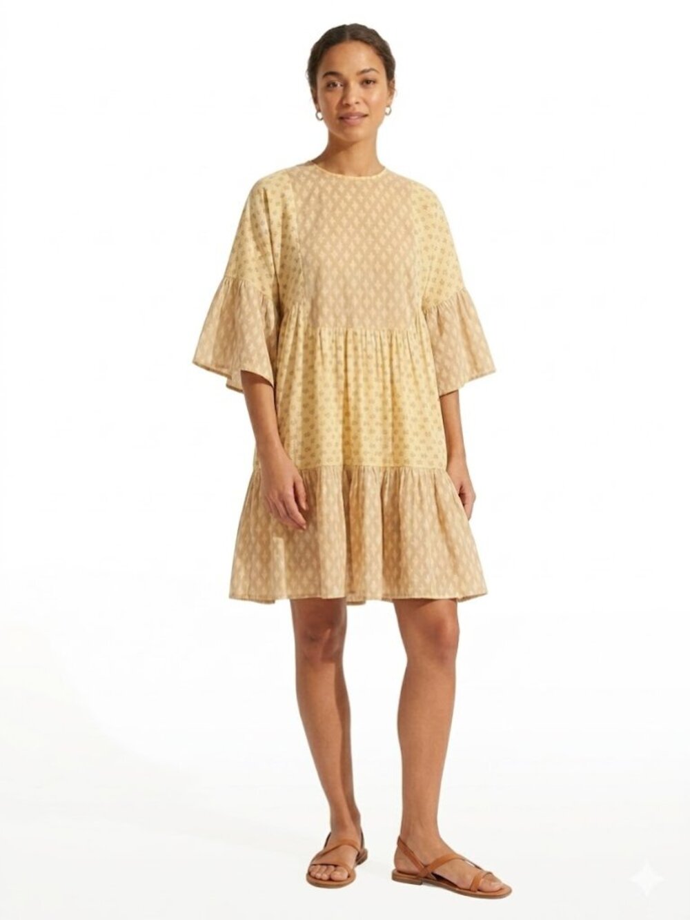 Closed Boho Tiered Cotton Midi Dress Small Tan Beige